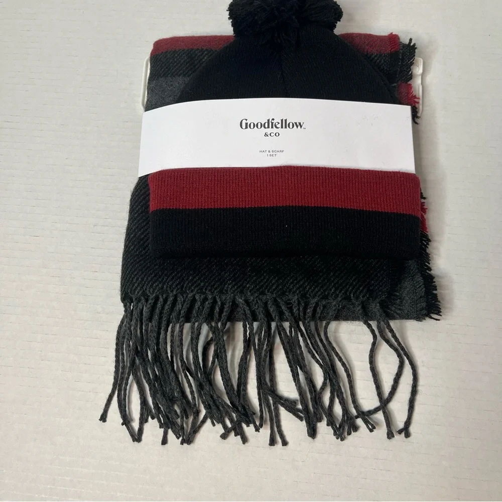 Goodfellow & Co Plaid Woven Hat & Scarf Set Red Gray Black New!
